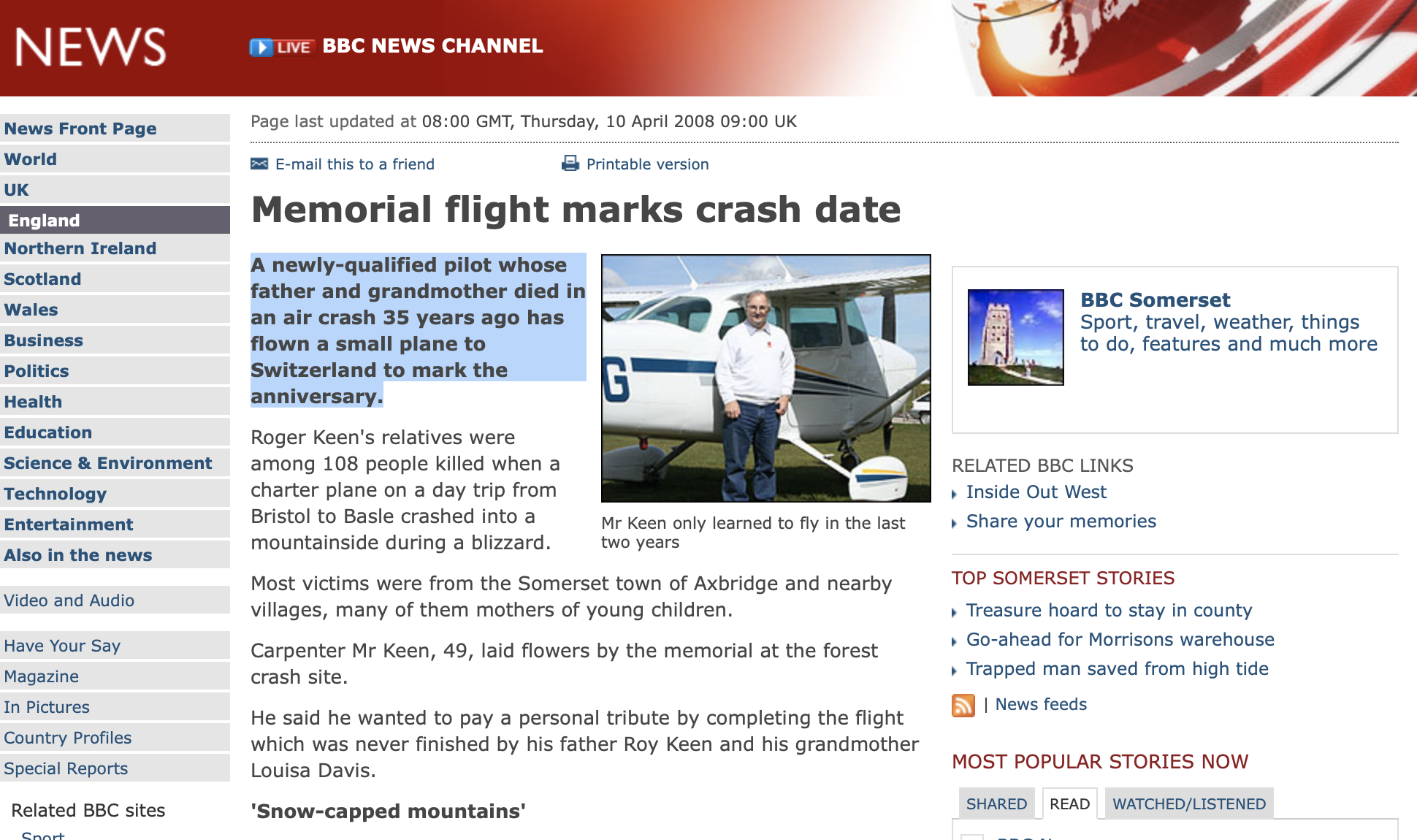 BBC reports on 2008 Memorial flight to mark crash date